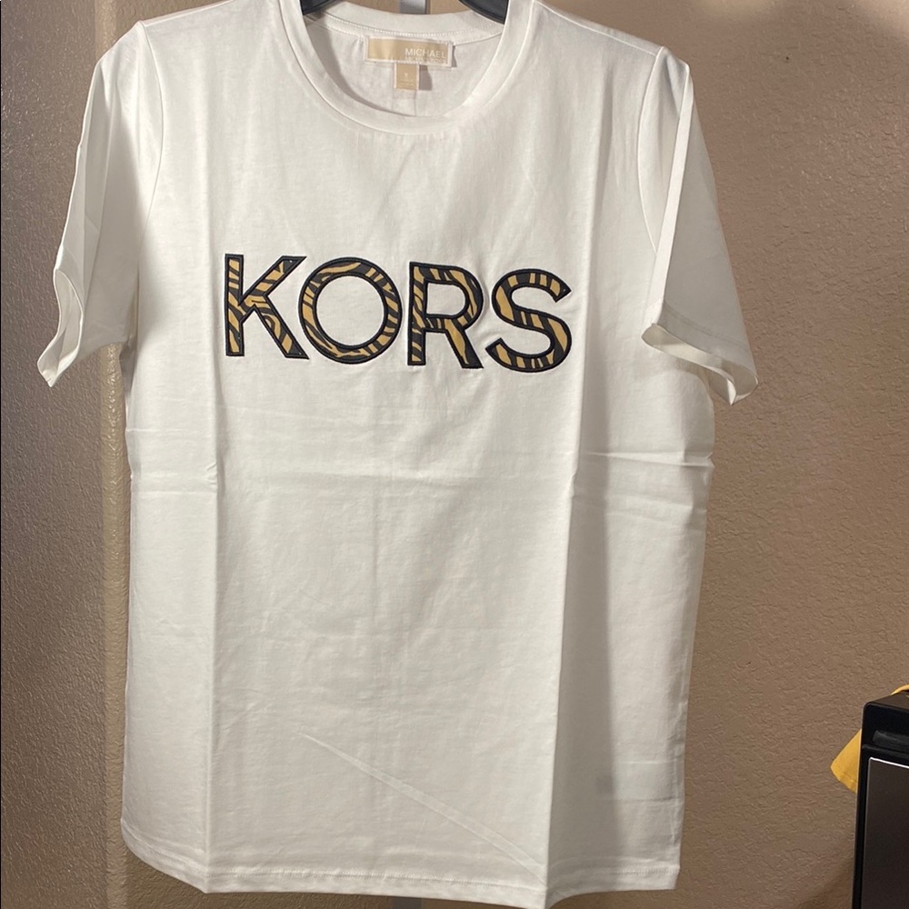 Michael Kors White and Black Short Sleeve Tee with Graphic Print